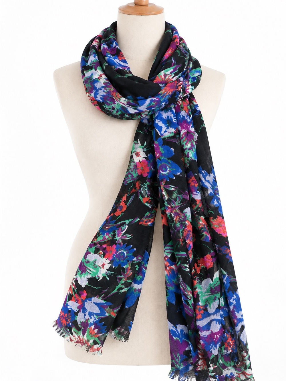 Black Floral Scarf Multicolor Boho Retro Cottagecore Colorful Flower Print Wrap